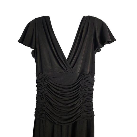 Dressbarn Black Ruched Midi Dress 4 Short Flutter Sleeves V-Neck Polyester Blen - Picture 2 of 8